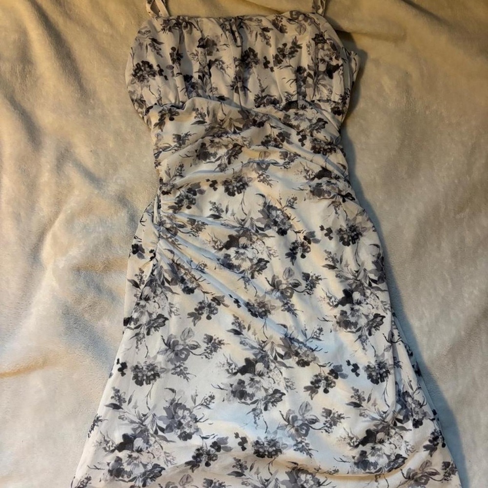 Ruched Floral Midi Dress in White and Gray